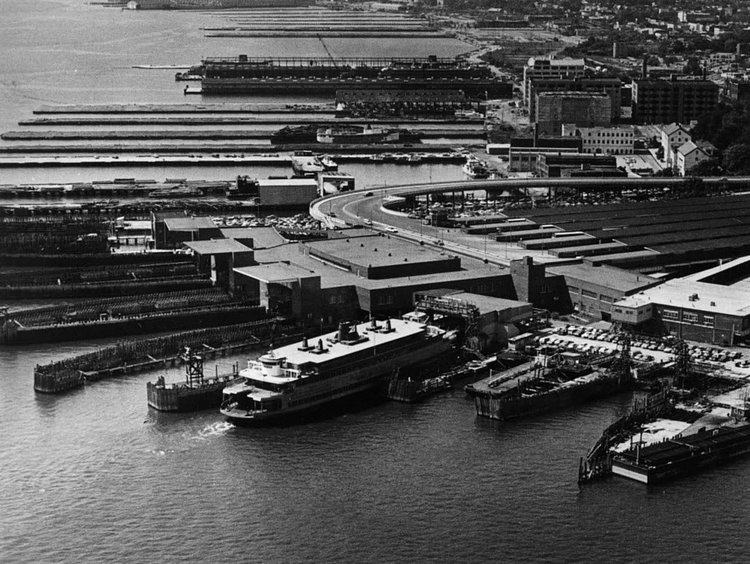 Aerial photo of the Staten Island Ferry terminal. Photo from August 1982.