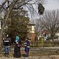A group of students from a nearby high school observe the nesting habits of monk parakeets, as one of the nests in the area hangs above.