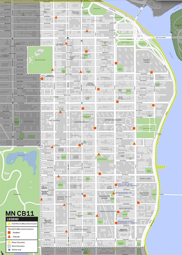 Planned East Harlem Citi Bike Docking Station Locations