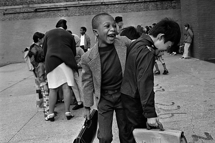 1970s - September 1961: A teacher, Sylvia Rahm, comforts a new student at Public School 145, on 105th Street between Columbus and Amsterdam Avenues.