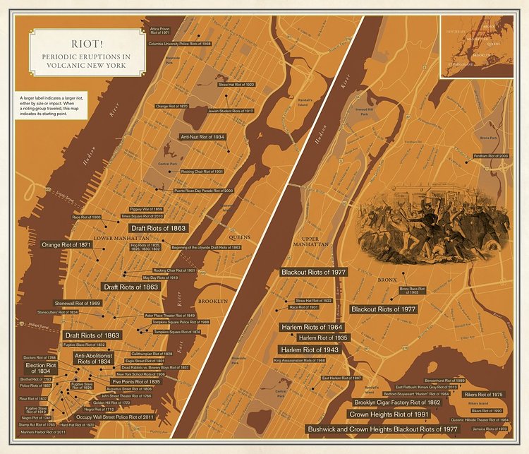 Illustration of Draft Riots, Harper's Weekly, August 1, 1863 Nonstop Metropolis: A New York City Atlas by Rebecca Solnit and Joshua Jelly-Schapiro, published by University of California Press CARTOGRAPHY: MOLLY ROY; ARTWORK: THOMAS NAST