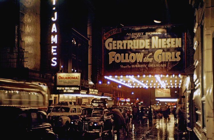 1946 Theaters and night life on 44th street in Times Square also known as the "Street of Hits".