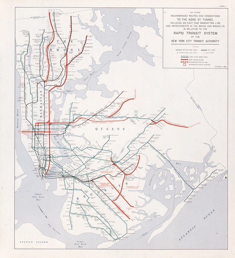Reconfigured: “Recommended Routes and Connections to the 63rd St. Tunnel,” October 1968. (Courtesy of New York Transit Museum)