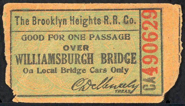 Good for one passage over Williamsburgh Bridge on local bridge cars only. Three rides 5 cents.