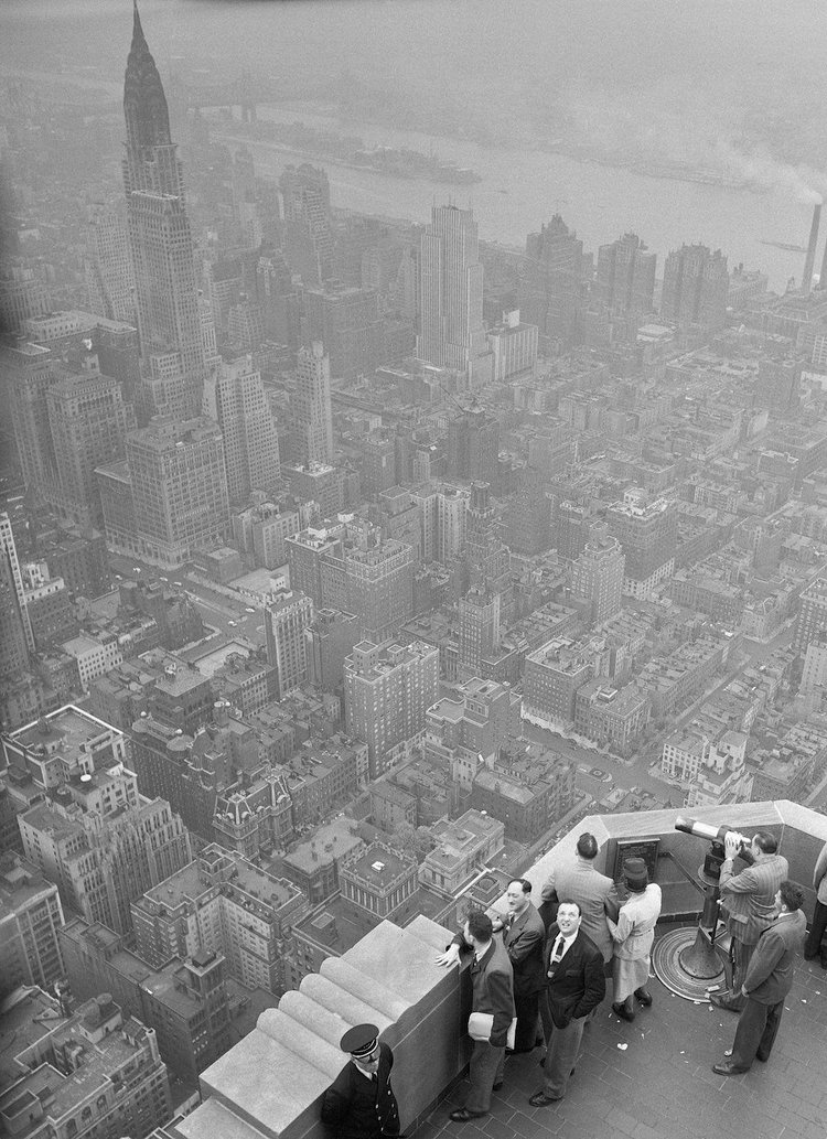 Aerial view of New York City atop the Empire State Building, 1930s