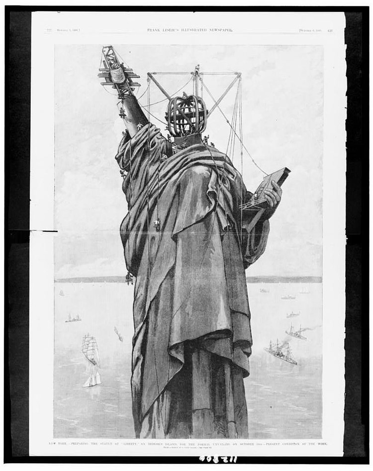 Preparing the Statue of "liberty" on Bedloe's Island, for the formal unvailing [sic] on October 28th - Present condition of the work / from a sketch by a staff artist. 1886.