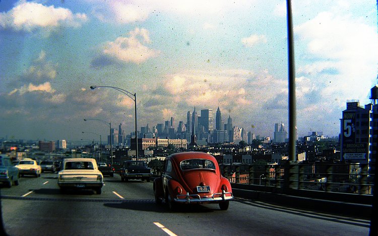 Lower Manhattan skyline from Brooklyn-Queens Expressway in Gowanus, Brooklyn, 1960s