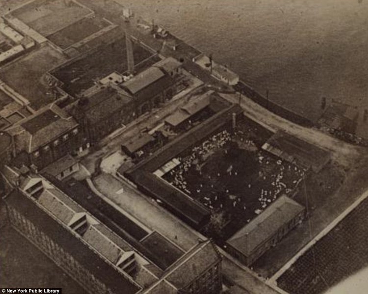A view of Welfare Island's prison recreation yard, showing a race riot. The island's prison was notoriously corrupt and run by different gangs