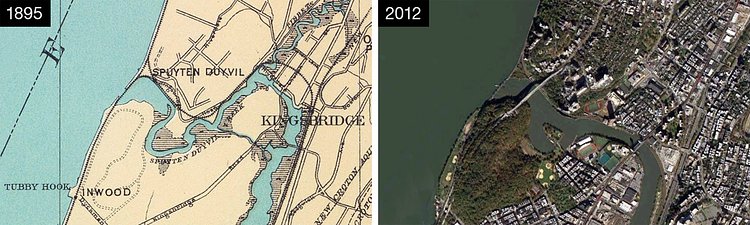 Map of the Marble Hill area from 1895 (when the canal was completed), and an aerial view of what the area looks like now. Note the “island” of Marble Hill on the 1895 map.