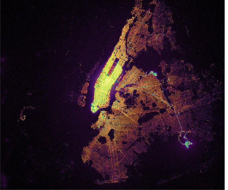 Pickups (Yellow-Green) and Dropoffs (Orange) for NYC Metro Area