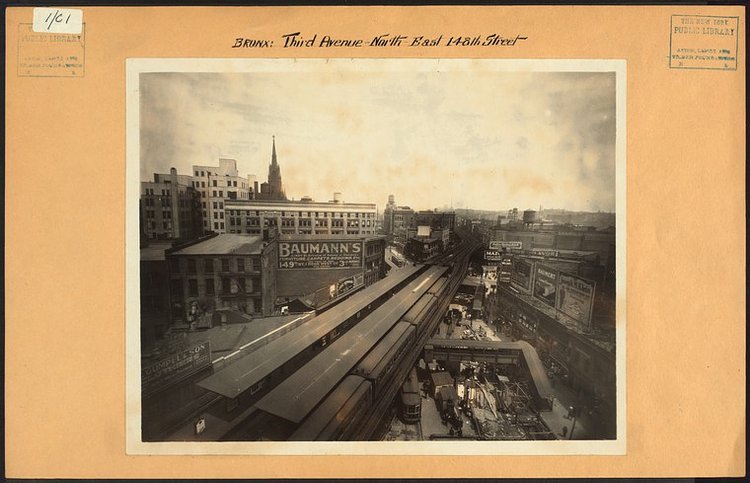 Third Avenue at 148th Street in The Hub looking north towards Melrose in 1926. Many of the buildings in this image still stand including Immaculate Conception Church (minus its steeple). Long gone is the Third Avenue El which left a gaping transit desert in Morrisania and other points north / Image Credit: Irma and Paul Milstein Division of United States History, Local History and Genealogy, The New York Public Library. “Bronx: 3rd Avenue – 148th Street (East)” The New York Public Library Digital Collections. 1926.