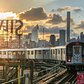 7 subway train on the elevated platform in Queens with the Manhattan skyline in the background. Queensboro Plaza Station, Queens, New York City