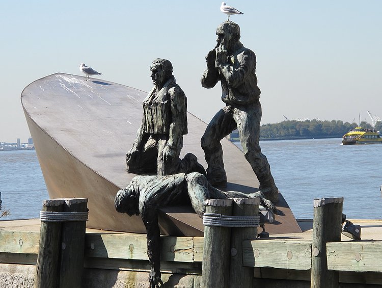 American Merchant Mariners’ Memorial - - - - - - - - - - - - - - - -  Marisol Escobar, sculptor | Located in Battery Park near the ferries that go to Liberty and Ellis Islands
this memorial serves as a marker for America’s Merchant Mariners resting in the unmarked ocean depths. 
