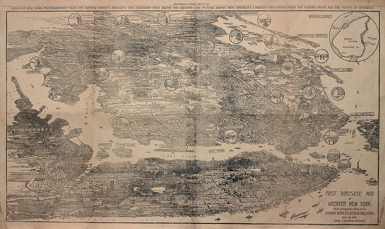 First Bird's-Eye Map of Greater New York. From photographs taken in the Sunday World's Studio Balloon, April 29, 1897.