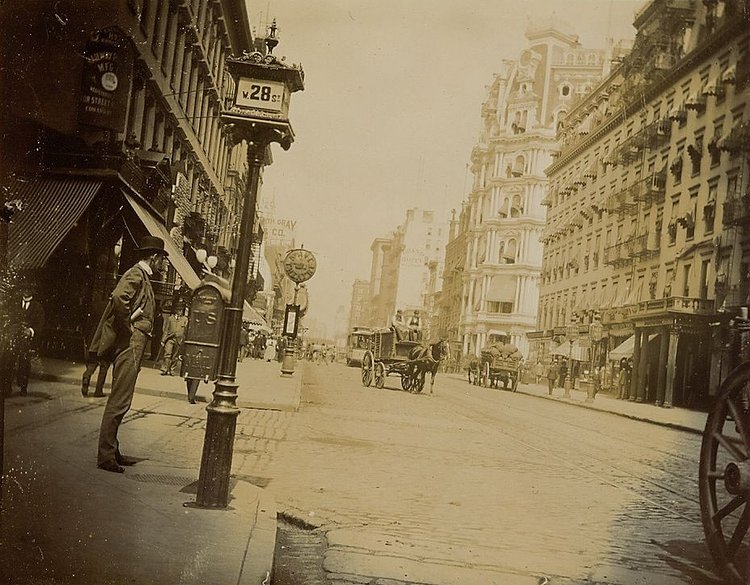 Street Level View of Gilsey House, Broadway, and 28th Street, 1896